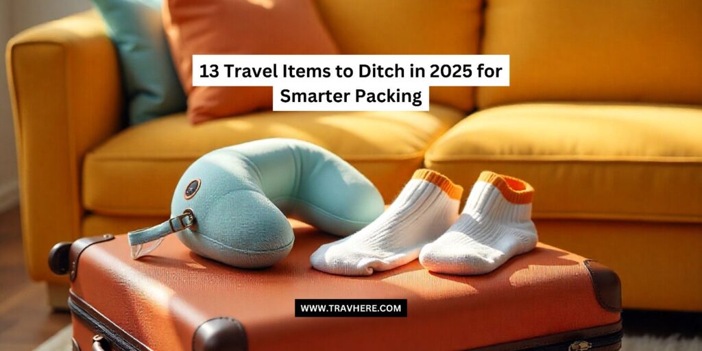 Light blue travel neck pillow and a pair of white socks with orange tops placed on top of a brown suitcase in front of a yellow couch, with the text "13 Travel Items to Ditch in 2025 for Smarter Packing" and "www.travhere.com" on the image.