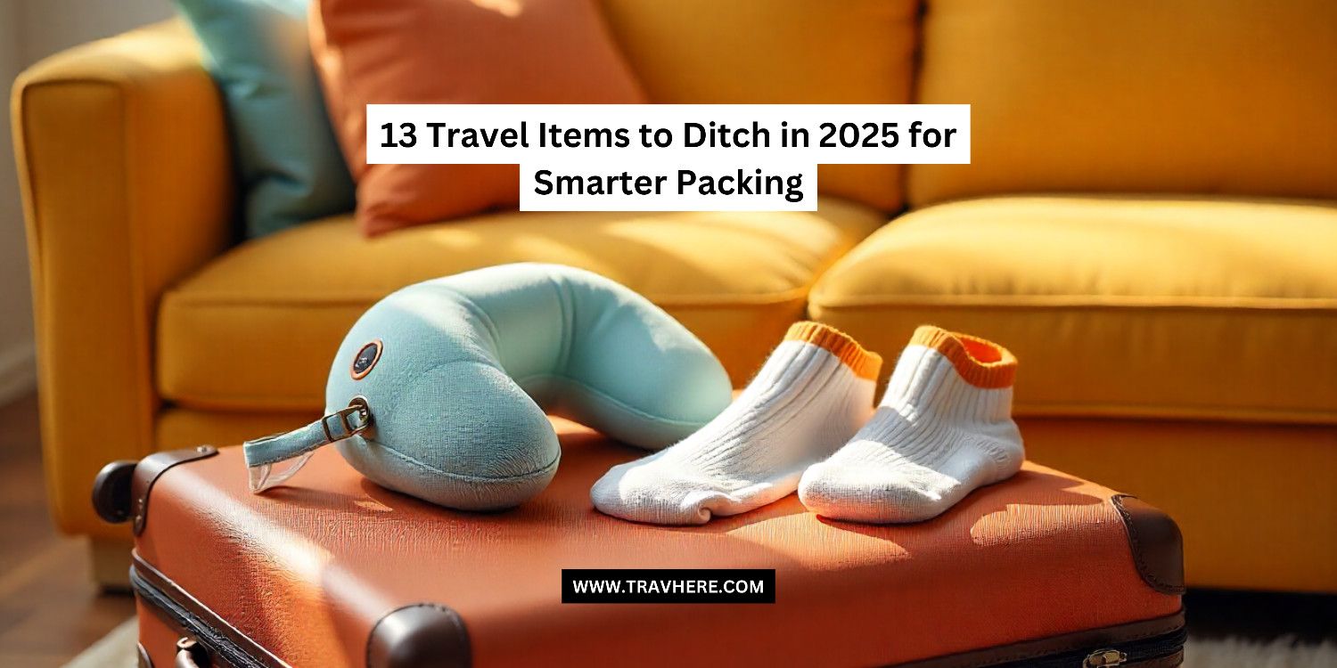Light blue travel neck pillow and a pair of white socks with orange tops placed on top of a brown suitcase in front of a yellow couch, with the text "13 Travel Items to Ditch in 2025 for Smarter Packing" and "www.travhere.com" on the image.