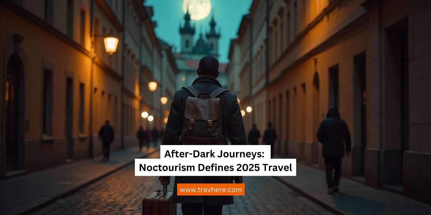 Traveler walking a historic city street at night beneath a full moon, symbolizing noctourism and after-dark travel in 2025.